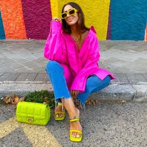 Zara Green 100% Leather Square Toe Strappy Heeled Sandals